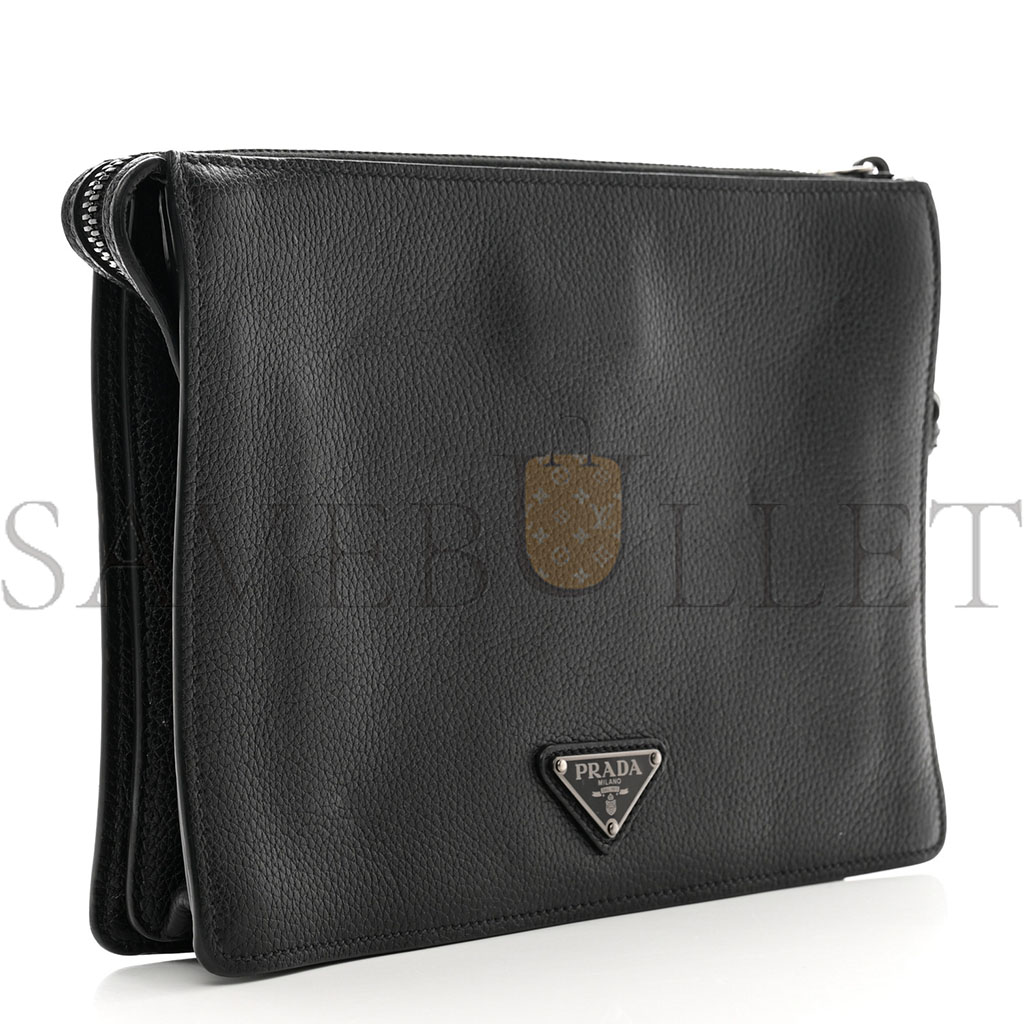 PRADA VITELLO DAINO WRISTLET POUCH BLACK (25*18*5cm) PRADA VITELLO DAINO WRISTLET POUCH BLACK (25*18*5cm)
