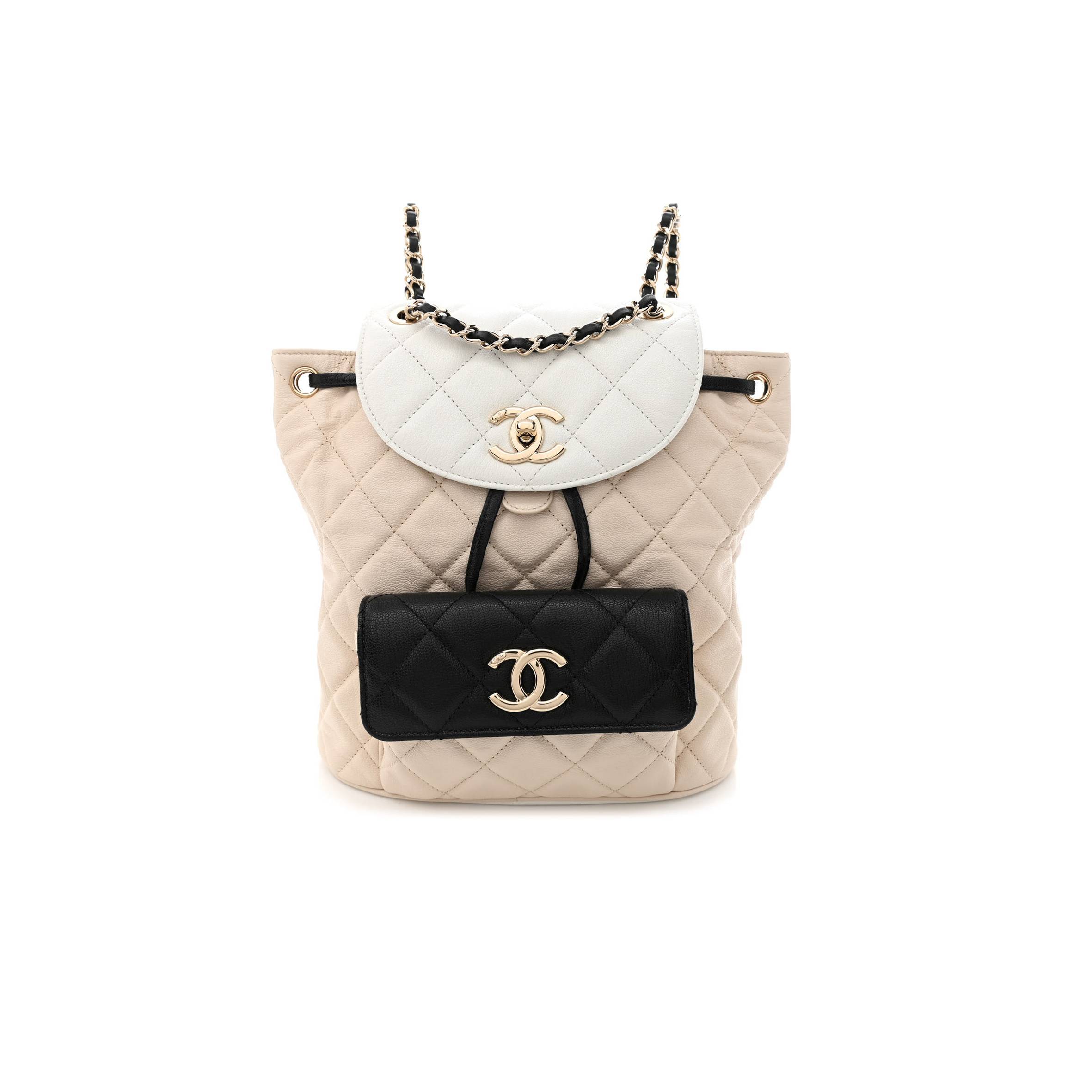 CHANEL GOATSKIN QUILTED DUMA DRAWSTRING BACKPACK BEIGE BLACK WHITE ROSE GOLD HARDWARE (23*22*12cm) CHANEL GOATSKIN QUILTED DUMA DRAWSTRING BACKPACK BEIGE BLACK WHITE ROSE GOLD HARDWARE (23*22*12cm)