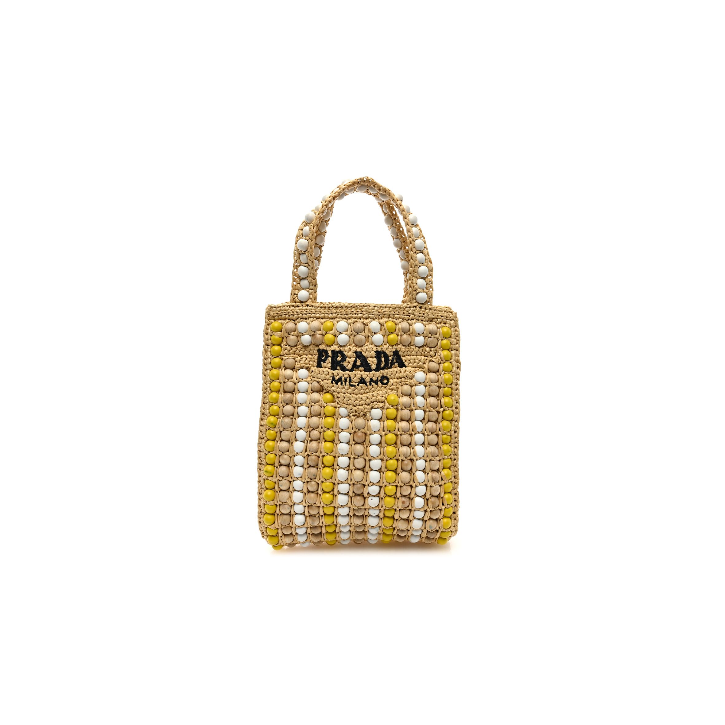 PRADA RAFFIA EMBROIDERED WOOD BEADED LOGO TOTE BAG TAN (25*20*6cm) PRADA RAFFIA EMBROIDERED WOOD BEADED LOGO TOTE BAG TAN (25*20*6cm)