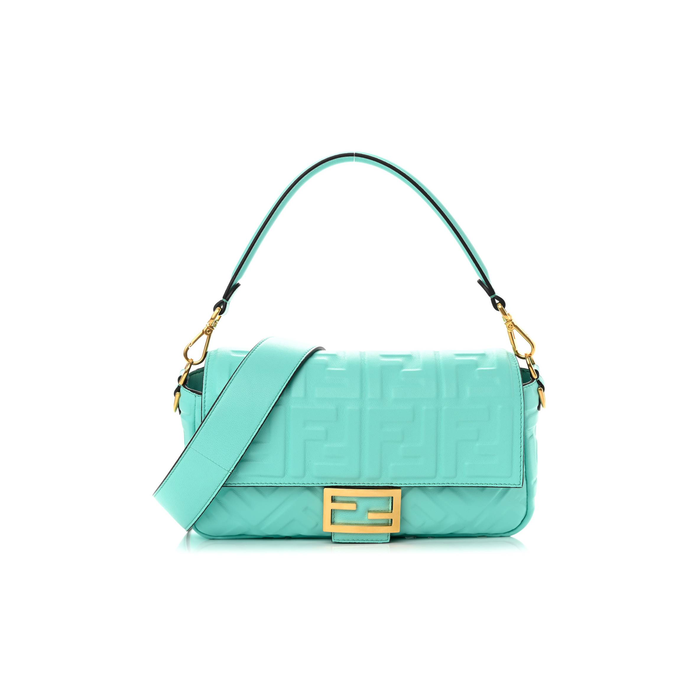 FENDI NAPPA FF 1974 EMBOSSED BAGUETTE SPRING TURQUOISE (27*15*5cm) FENDI NAPPA FF 1974 EMBOSSED BAGUETTE SPRING TURQUOISE (27*15*5cm)